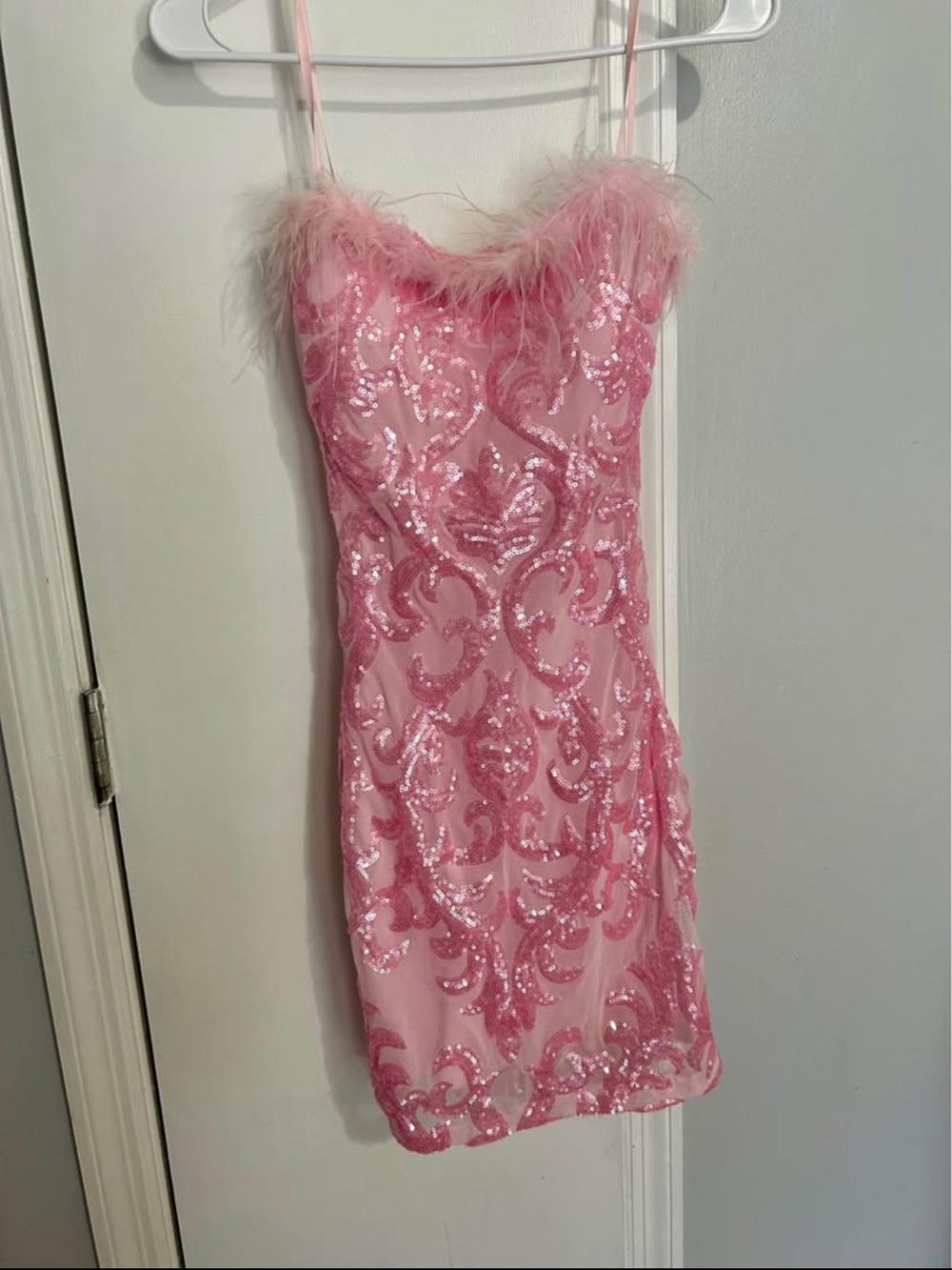 Windsor Pink Sequin Feather-Trim Mini Dress